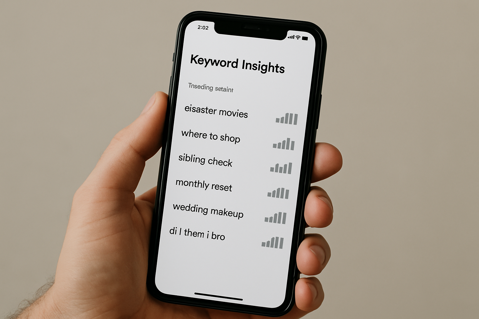 TikTok Keyword Insights panel on a phone screen showing trending search phrases and rising query metrics for a regional market