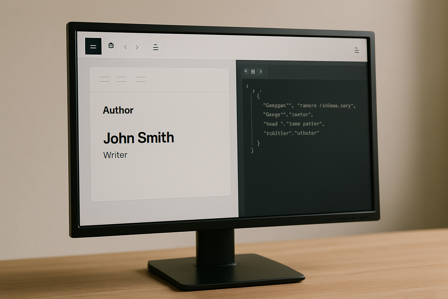 An author bio block on a blog article showing a named expert, role and credentials, with structured data highlighted in a developer panel