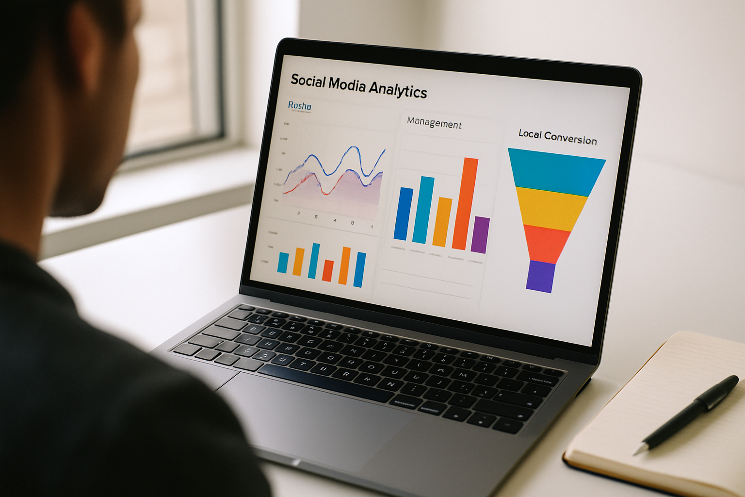 Laptop screen showing a social media analytics dashboard with reach, engagement and lead conversion graphs for an Irish small business