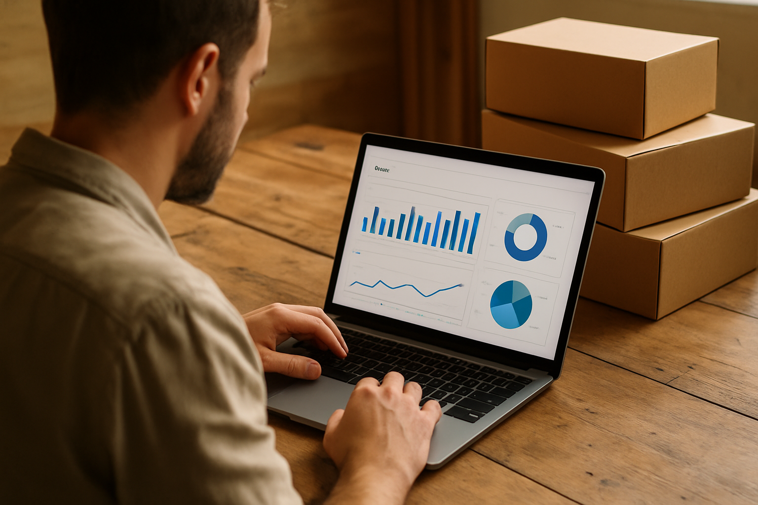 A person works on a laptop displaying business analytics with bar, pie, and line charts. Three cardboard boxes are stacked on the wooden desk nearby in a well-lit room.