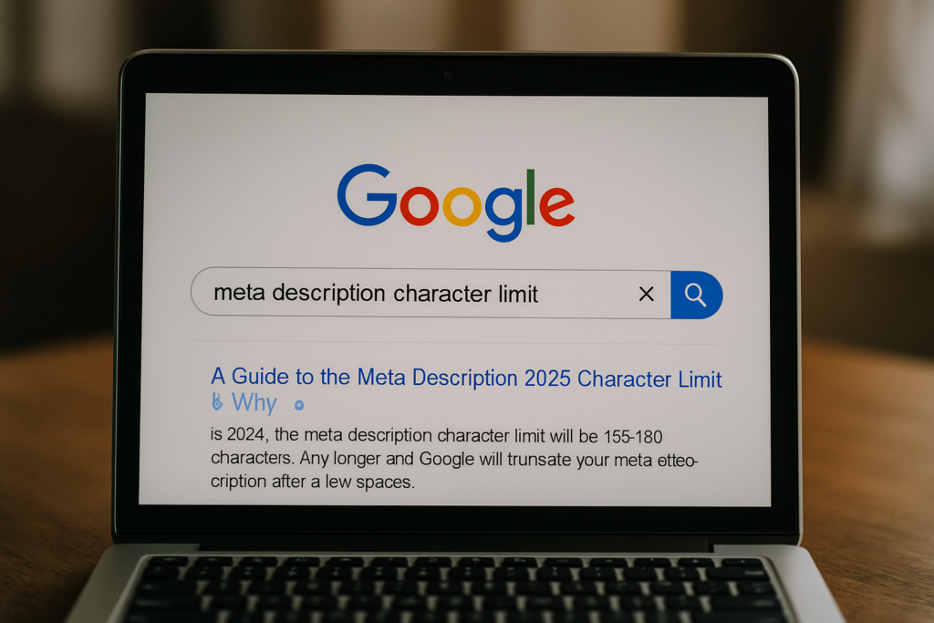 A laptop screen displays a Google search for meta description character limit, showing a result about the 2025 character limit and guidance for optimal meta description length.