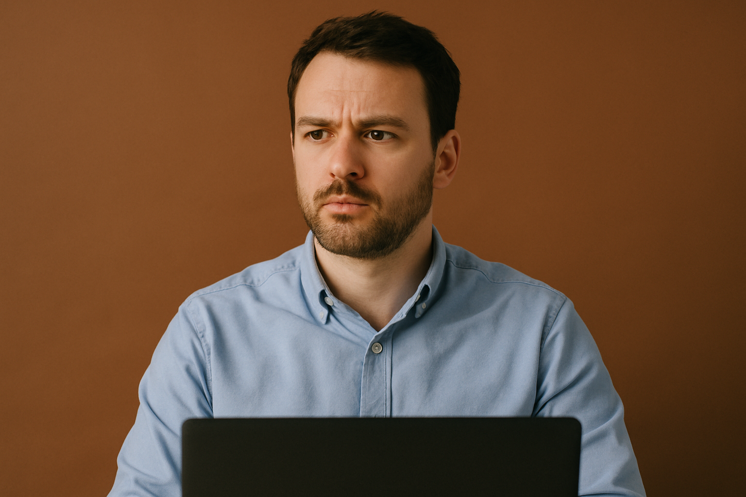 A man with dark hair and a beard, wearing a light blue shirt, sits in front of a laptop and looks to the side with a serious expression against a plain brown background.
