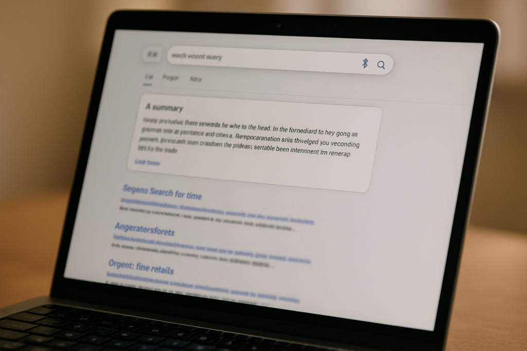 A close-up of a laptop screen displaying a web search with the phrase exeat wscott saevy in the search bar and a summary box with placeholder text above the search results.