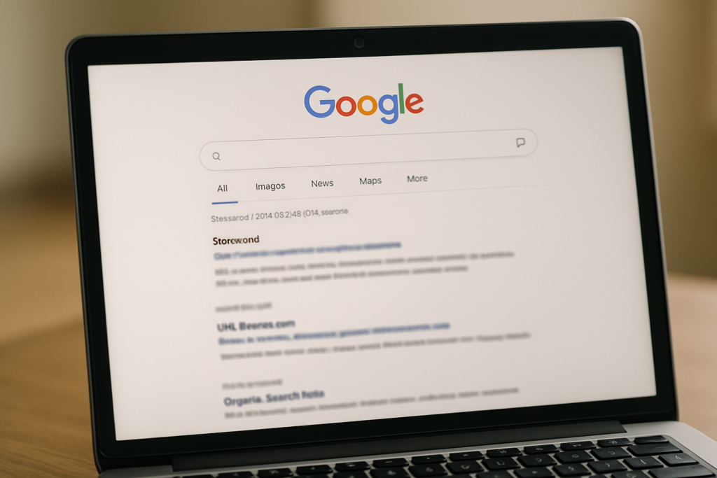 A laptop screen displaying the Google homepage with search results in a foreign language; the Google logo and search bar are at the top of the page.