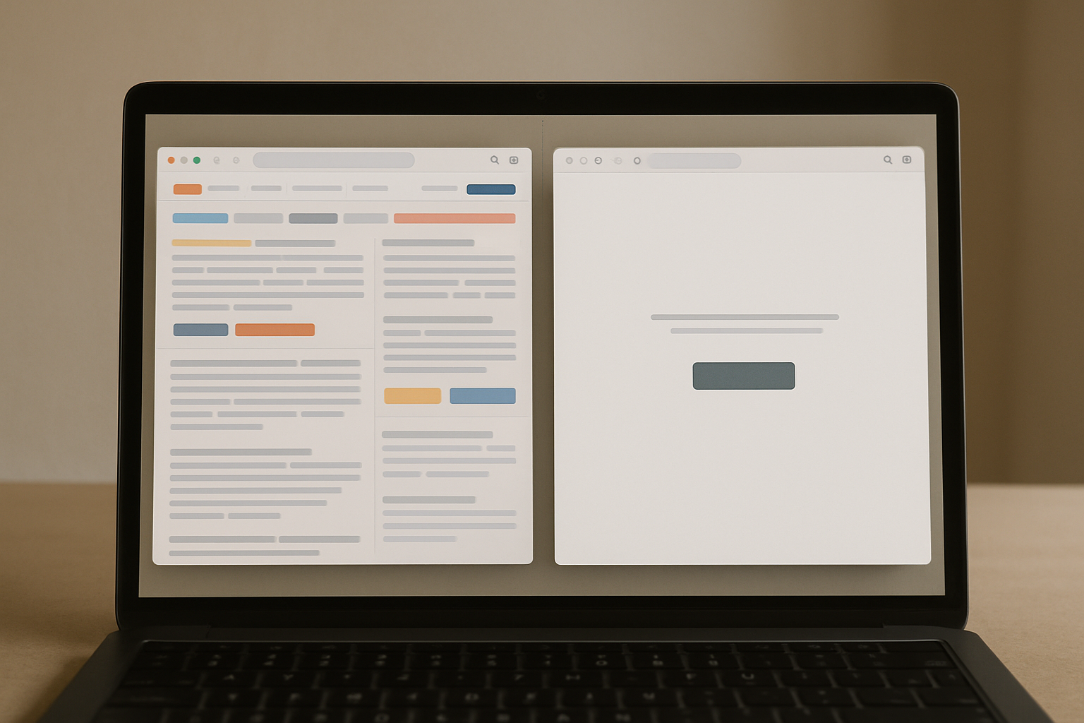 A laptop screen displays two browser windows side by side. The left window shows a webpage with text and colored highlights, while the right window shows a mostly blank page with a centered button.