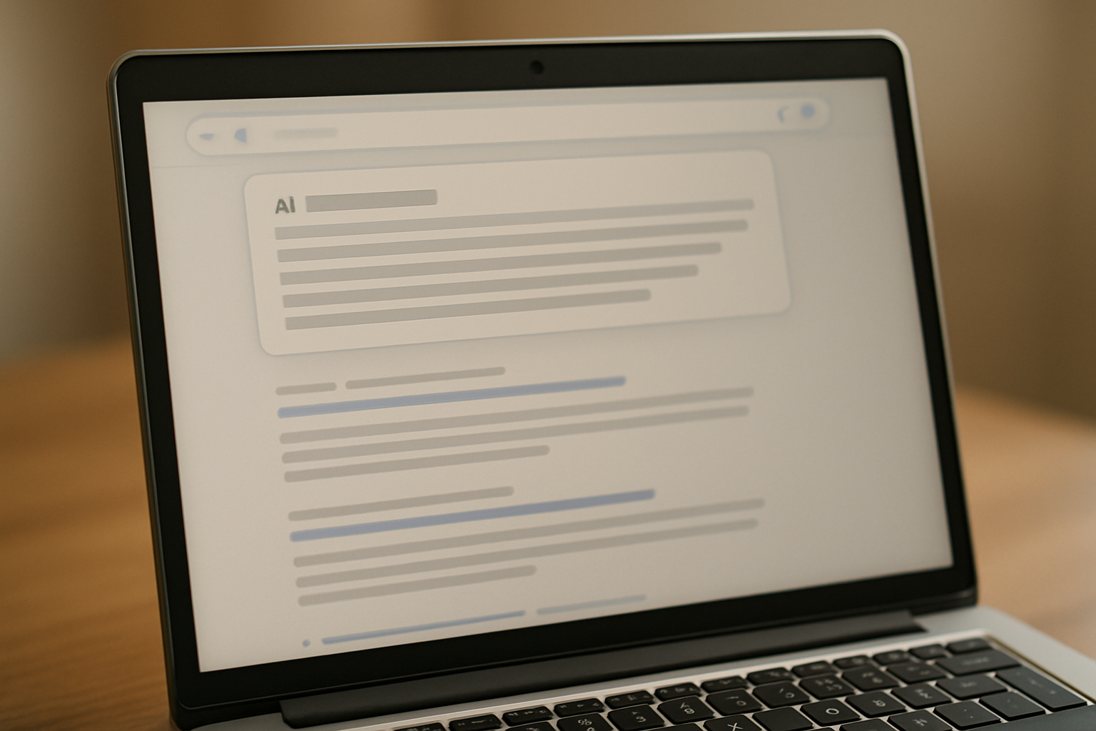 A laptop displays a blurred webpage with a highlighted text box labeled AI near the top, suggesting search or generated content. The background and keys are out of focus.