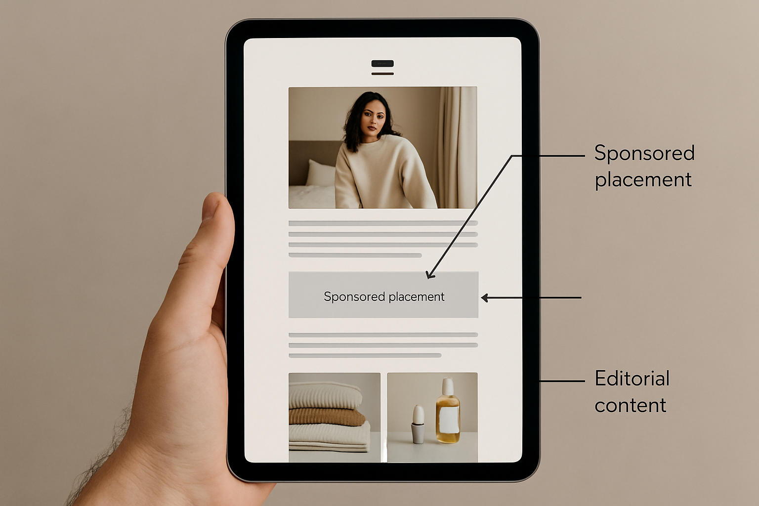 An annotated mockup of a consumer brand email showing where a sponsored content block is placed within the newsletter layout