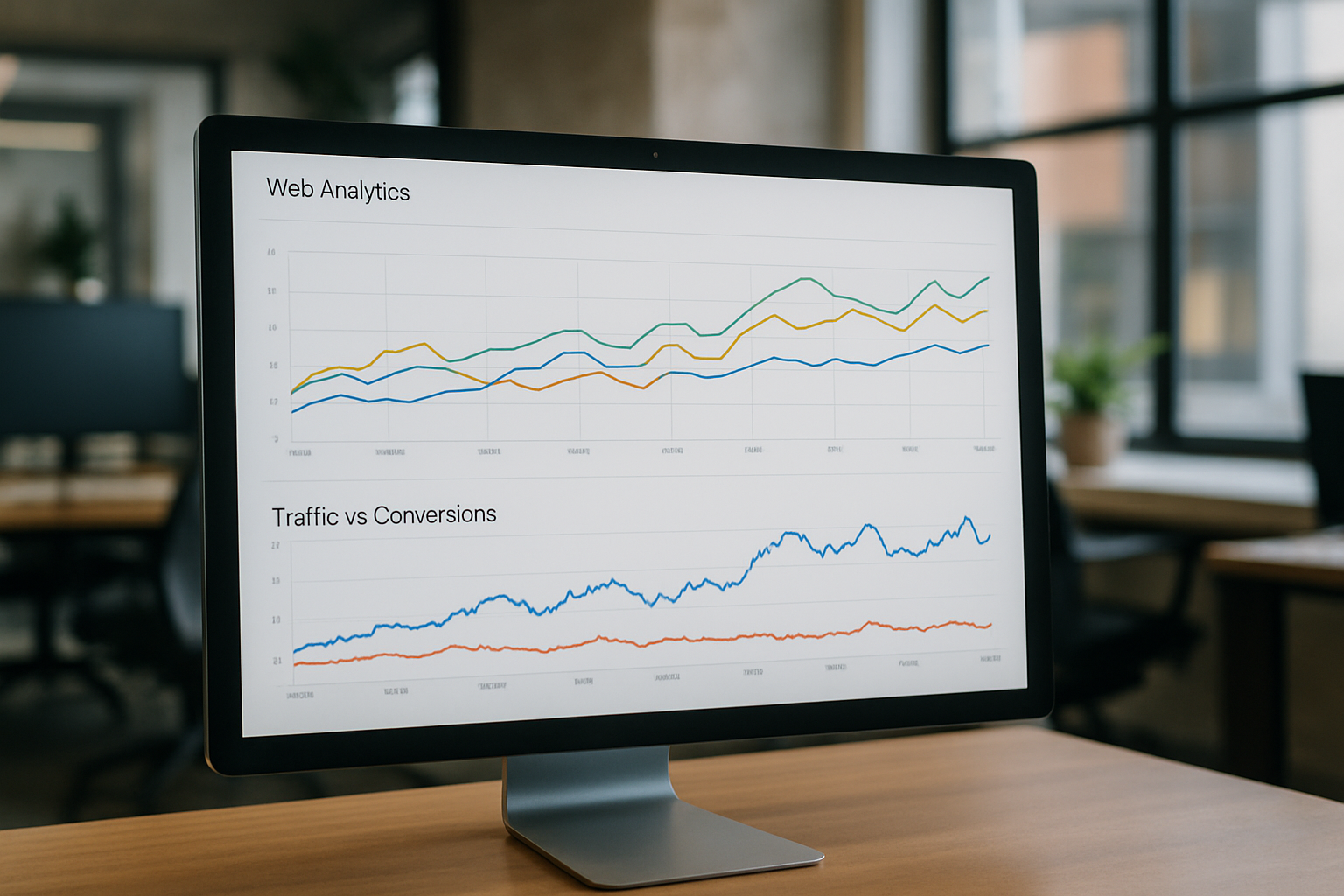 An analytics dashboard on a monitor showing organic traffic and conversion trend lines being compared side by side across several months