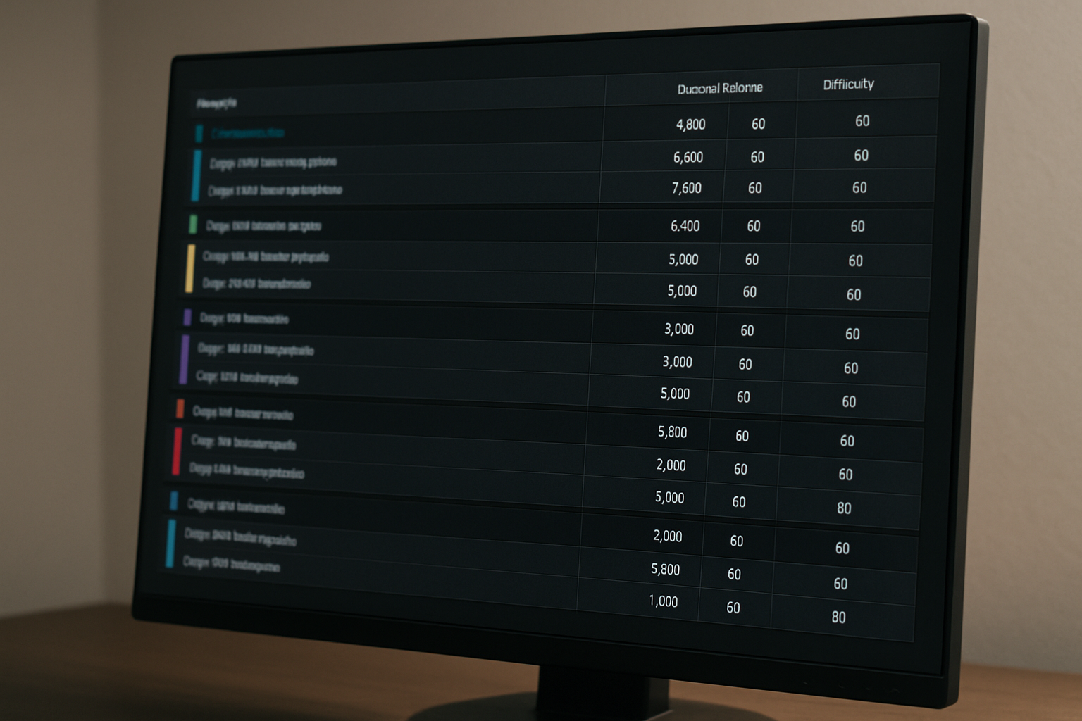 SEO tool dashboard on a monitor showing a list of long-tail keywords with search volume and keyword difficulty columns clustered into topic groups