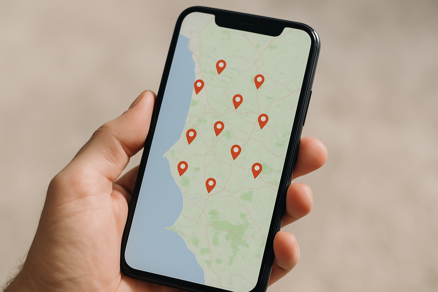 Smartphone showing a near-me local search results map with business pins across a region of Ireland
