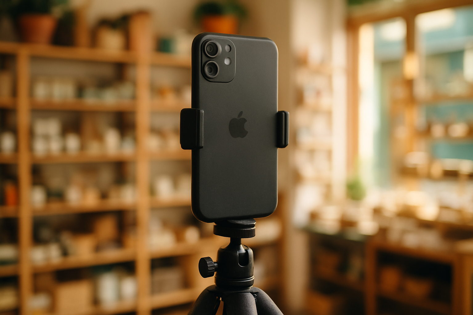 Smartphone on a small tripod filming a Reel inside an Irish independent retail shop, product displays softly blurred in the background