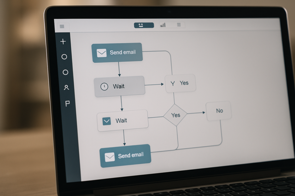 A laptop screen displays a flowchart for an automated email process, with steps including Send email, Wait, and decision branches labeled Yes and No.
