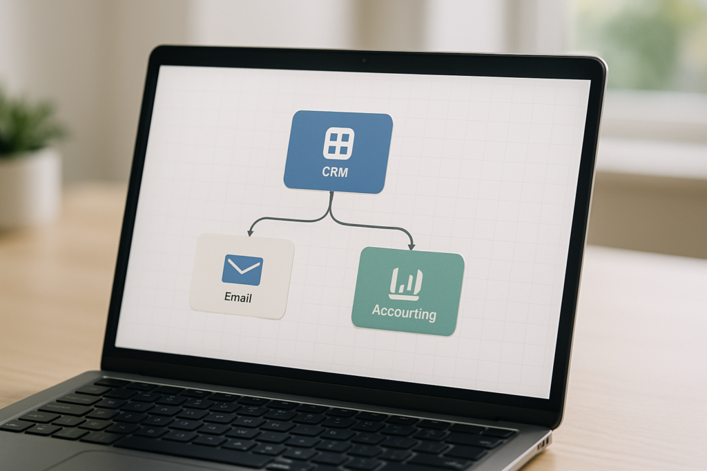A laptop screen displays a flowchart showing a CRM system at the top, connected by arrows to two blocks labeled Email and Accounting, illustrating integration between the systems.