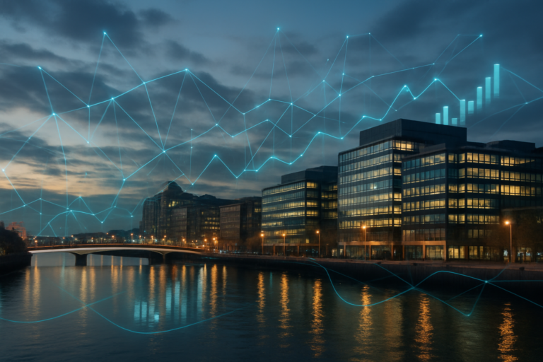 Modern office buildings line a river at dusk with illuminated windows, while glowing digital graphs and data lines are superimposed over the sky, symbolizing technology and financial growth.