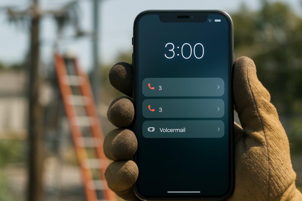 A gloved hand holds a smartphone showing the lock screen with the time 3:00, three missed calls, and one voicemail notification. A blurry ladder and outdoor scene are in the background.