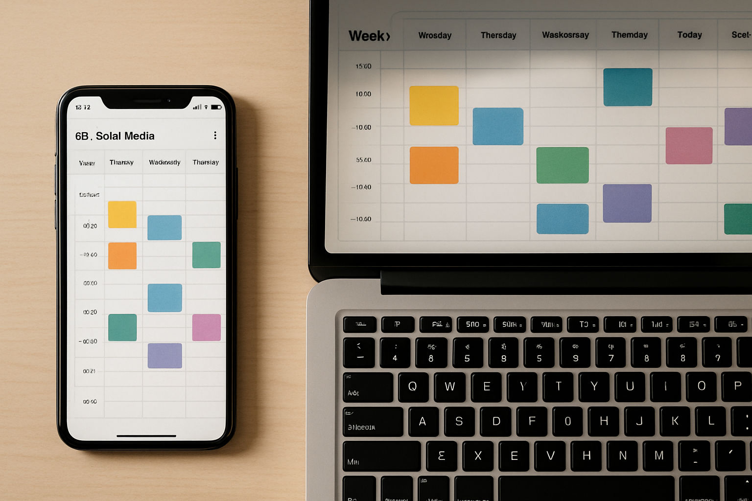 Phone and laptop showing a weekly social media content calendar with scheduled posts queued for different days