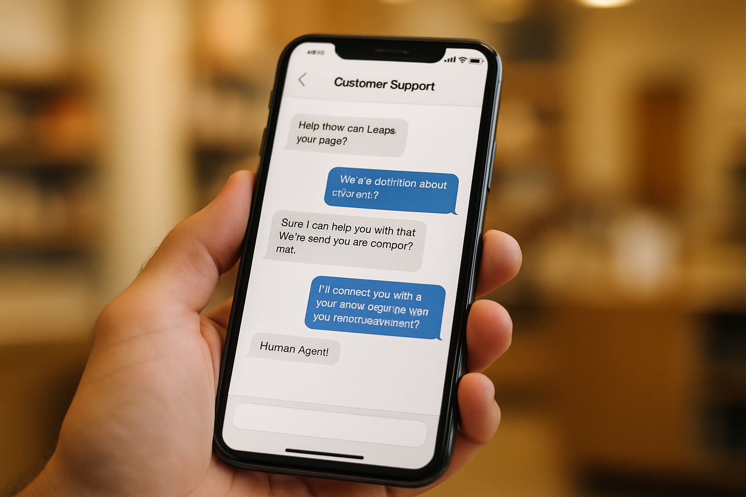Phone screen showing a customer service chatbot conversation handing off to a human agent