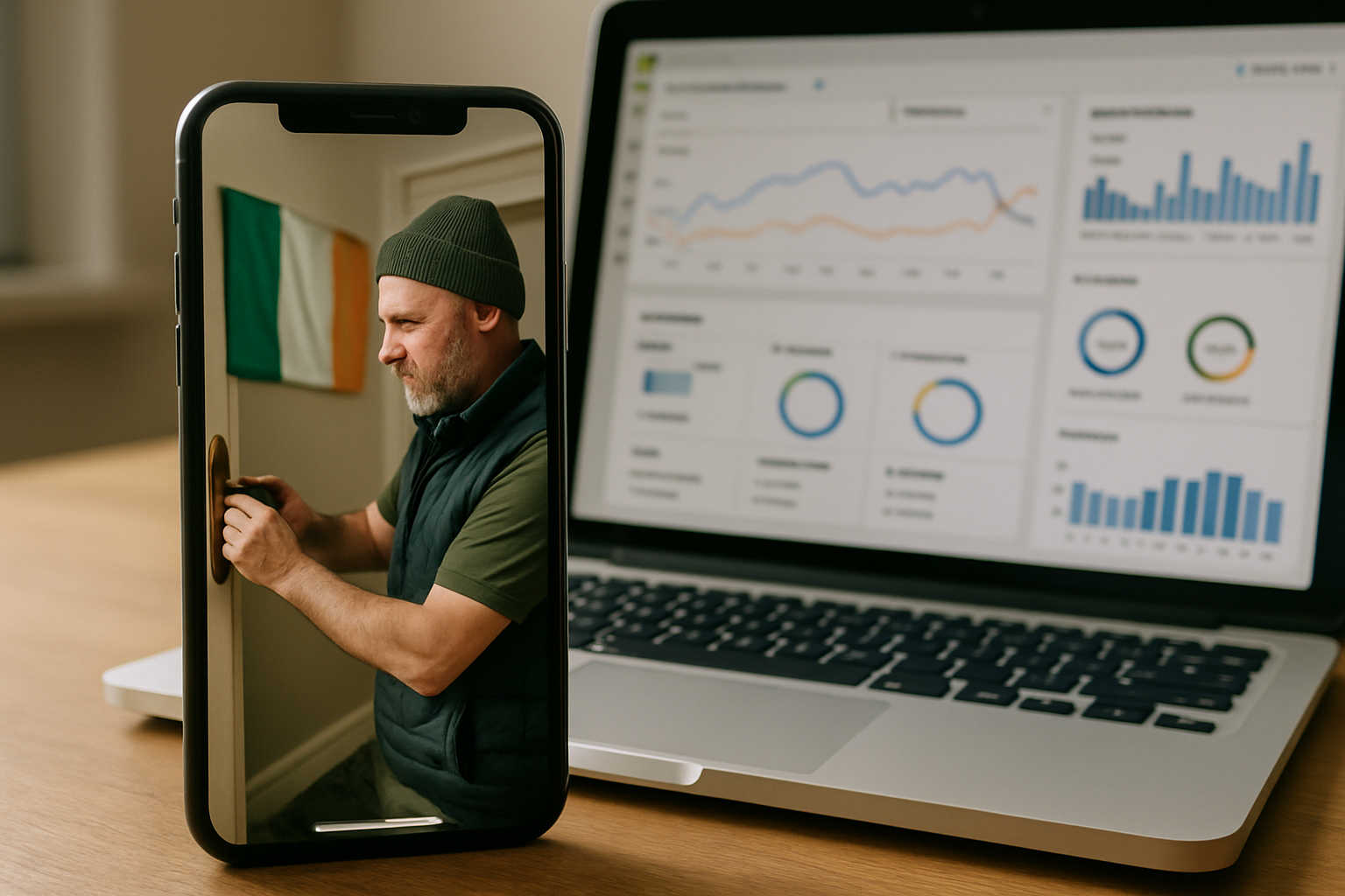 A smartphone displaying a man turning a door lock is placed in front of a laptop showing analytics charts, graphs, and data visualizations on the screen on a wooden desk.