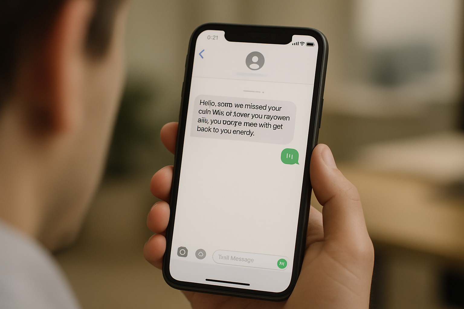 Missed call text-back automation message thread on a phone replying to a customer enquiry