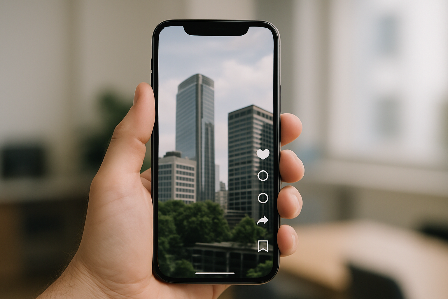 Phone screen showing an Instagram Reels feed with engagement icons for likes, comments, shares and saves visible down the right side