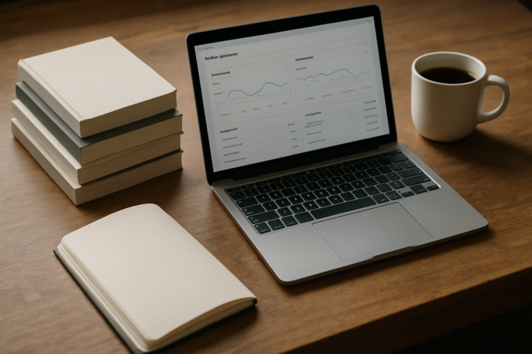 A laptop displaying graphs sits on a desk with a stack of books, an open notebook, and a cup of coffee.