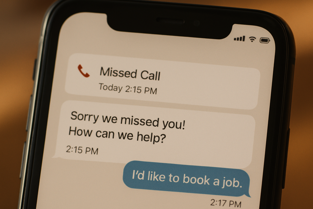 A smartphone screen shows a missed call and text conversation. The message reads, “Sorry we missed you! How can we help?” The reply says, “I’d like to book a job.”.