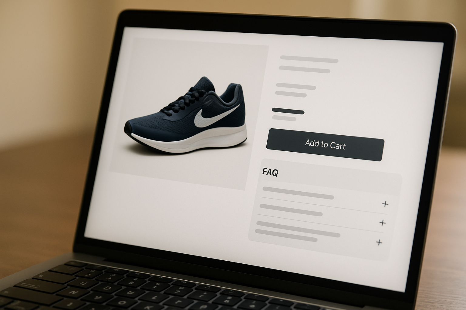 Ecommerce product page on a laptop screen showing a structured FAQ accordion below the buy button