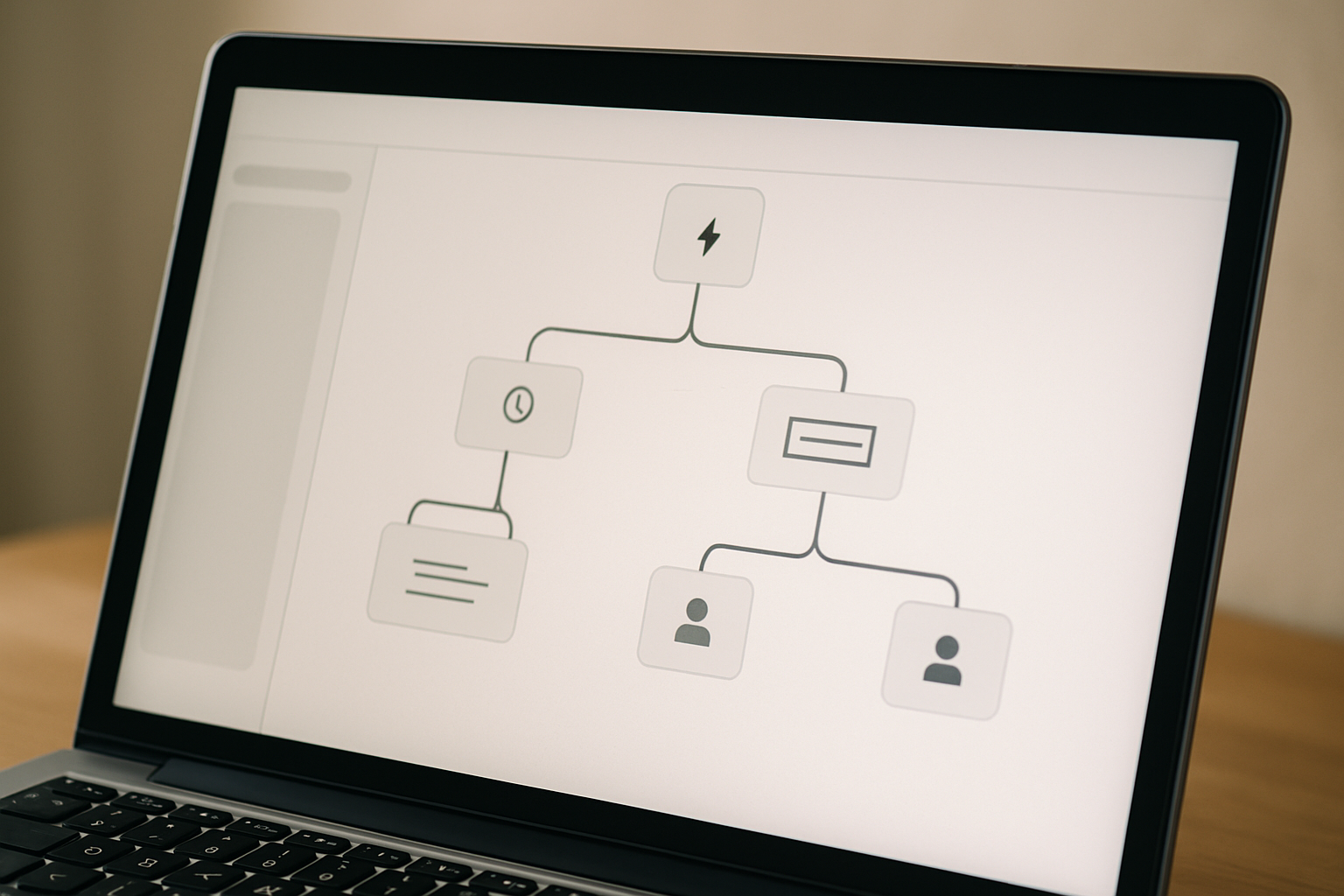 A laptop screen showing an email automation workflow builder with branching sequences and trigger conditions