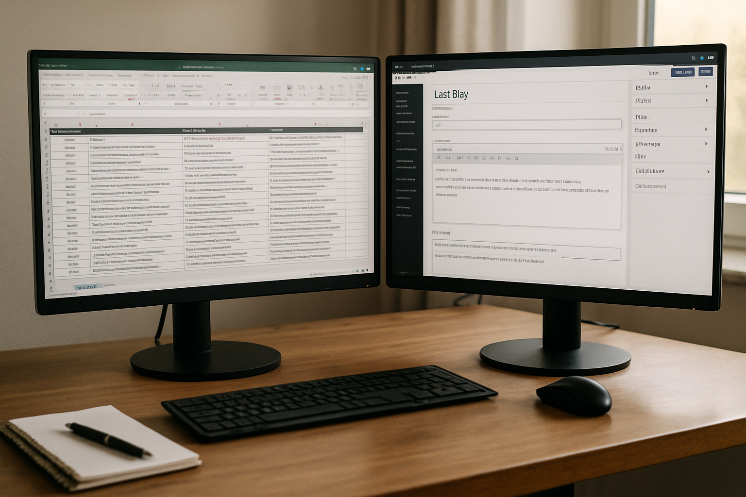 Spreadsheet of tagged customer support questions being turned into FAQ answers on a second monitor