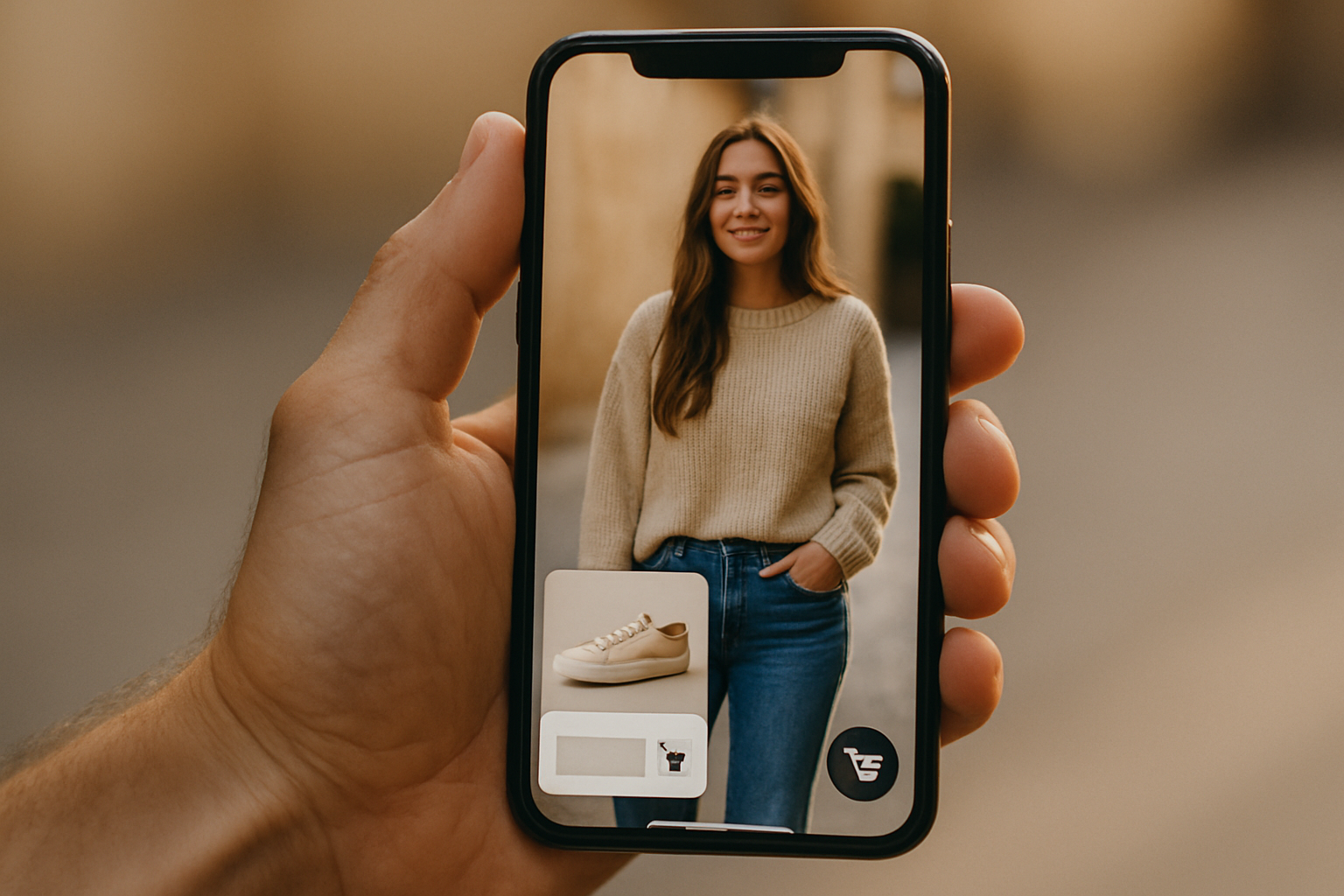 Smartphone showing a TikTok in-feed video with a yellow shopping basket icon and product card overlay