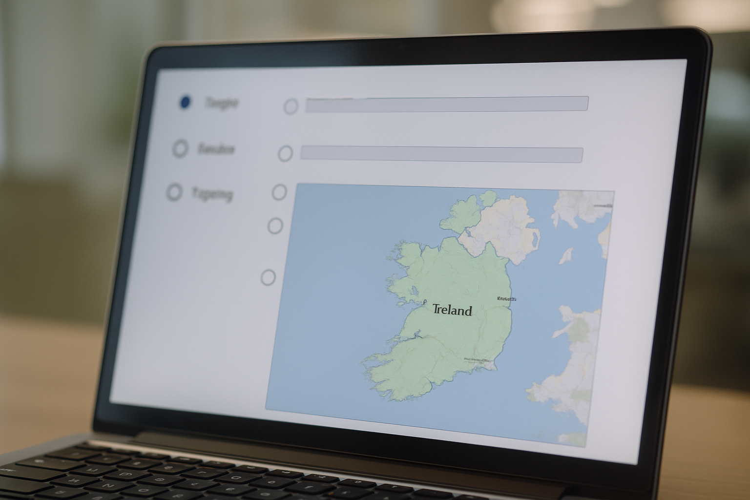 Google Ads location settings panel showing Ireland targeting with presence versus interest options