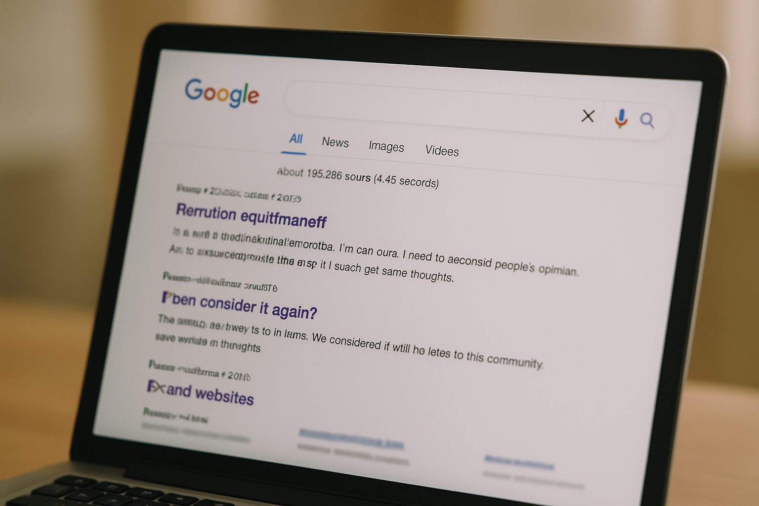 A laptop screen displays a Google search results page with nonsensical text and fake search results. The Google logo and search bar are visible at the top of the browser.