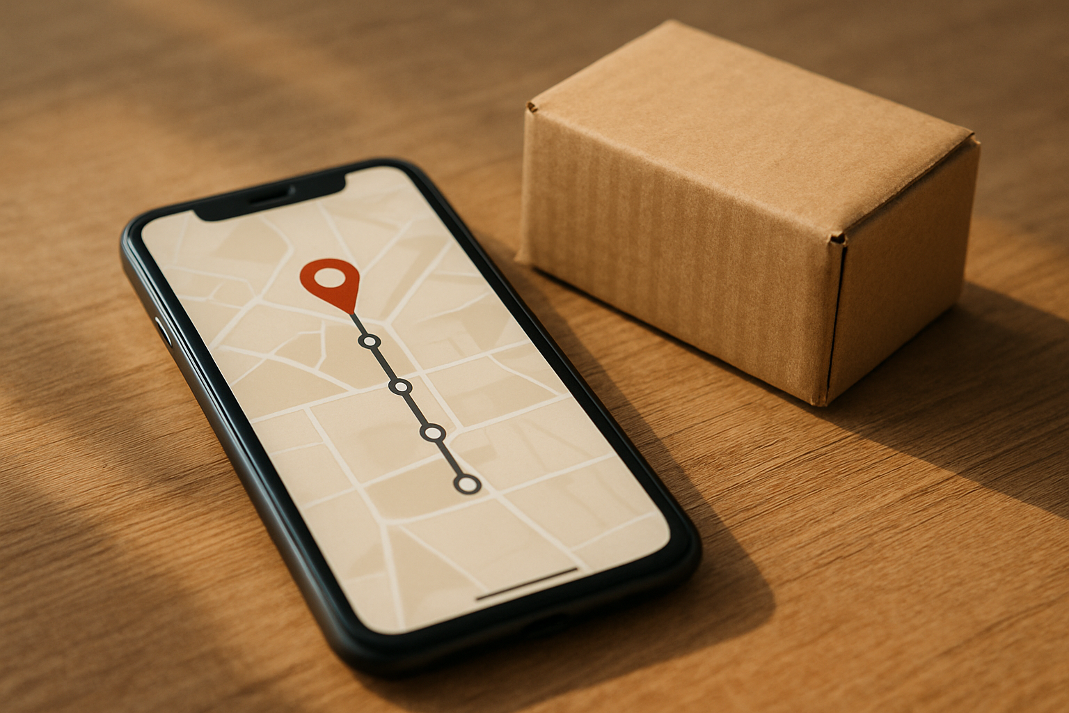 Phone screen showing an order tracking interface with delivery status timeline and a parcel illustration