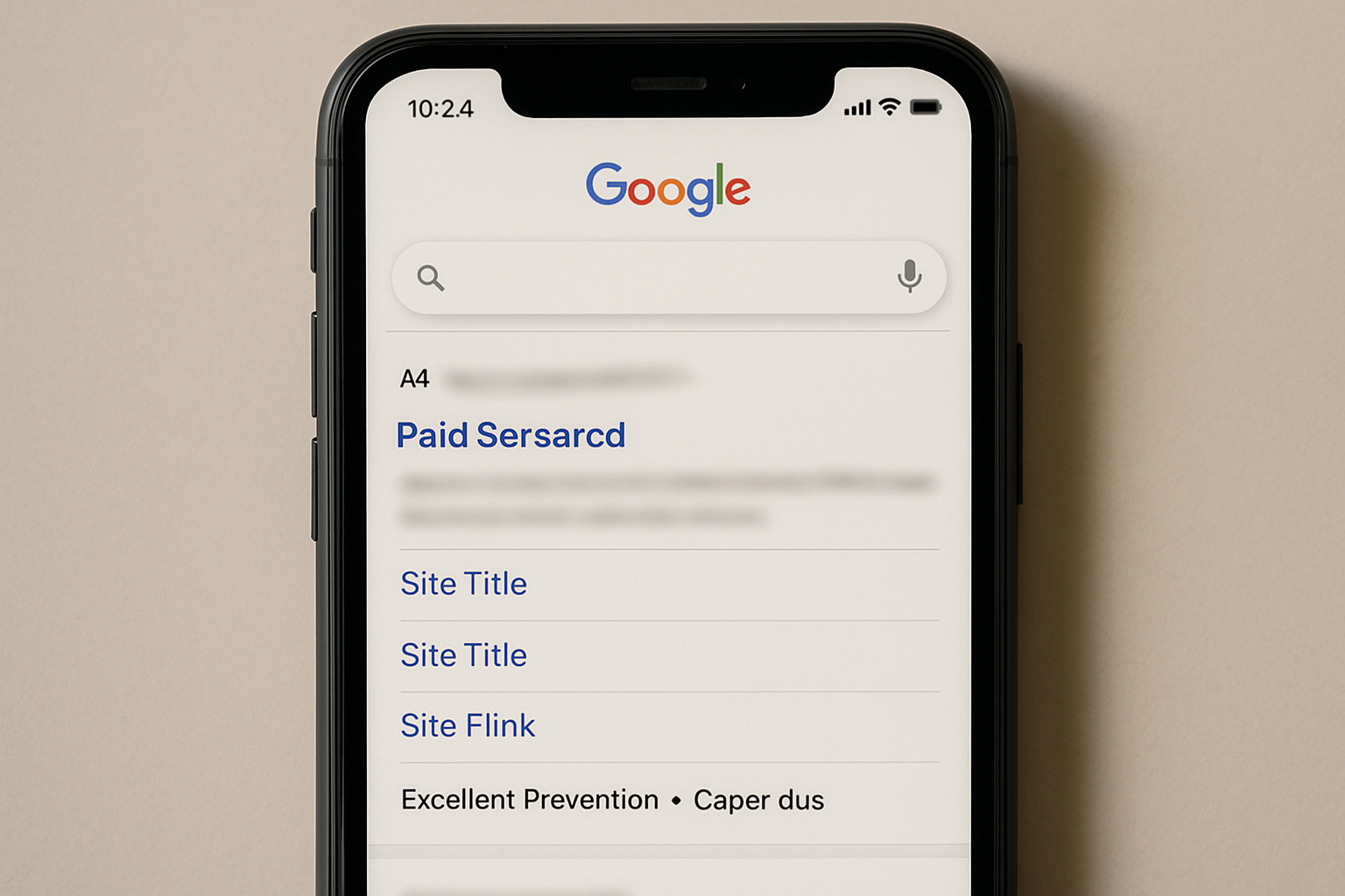 A smartphone displays a Google search page with a misspelled query and search results showing repeated placeholder titles and links.