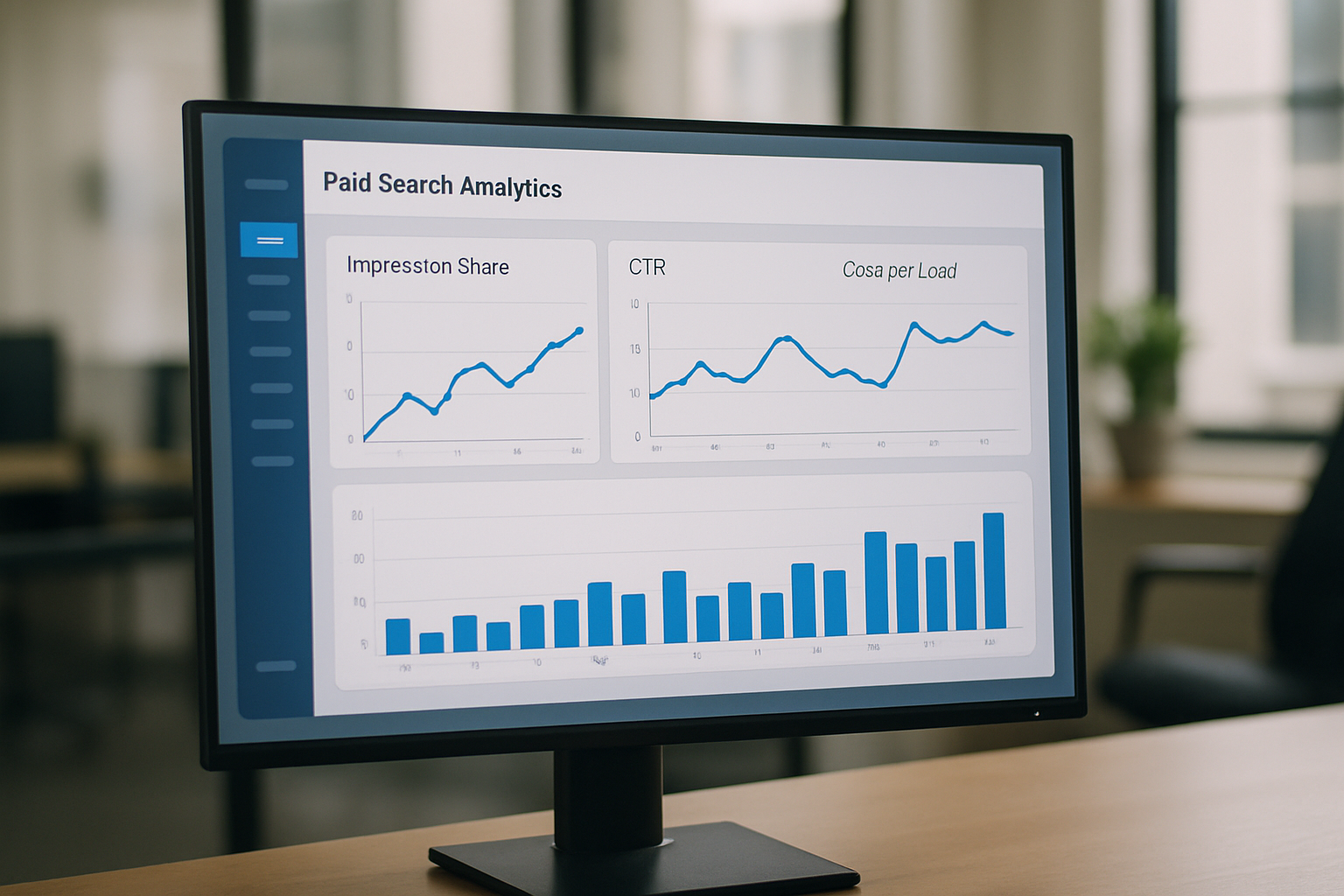 Google Ads dashboard on a monitor showing impression share, click-through rate and cost-per-lead metrics trending upward for a local services campaign