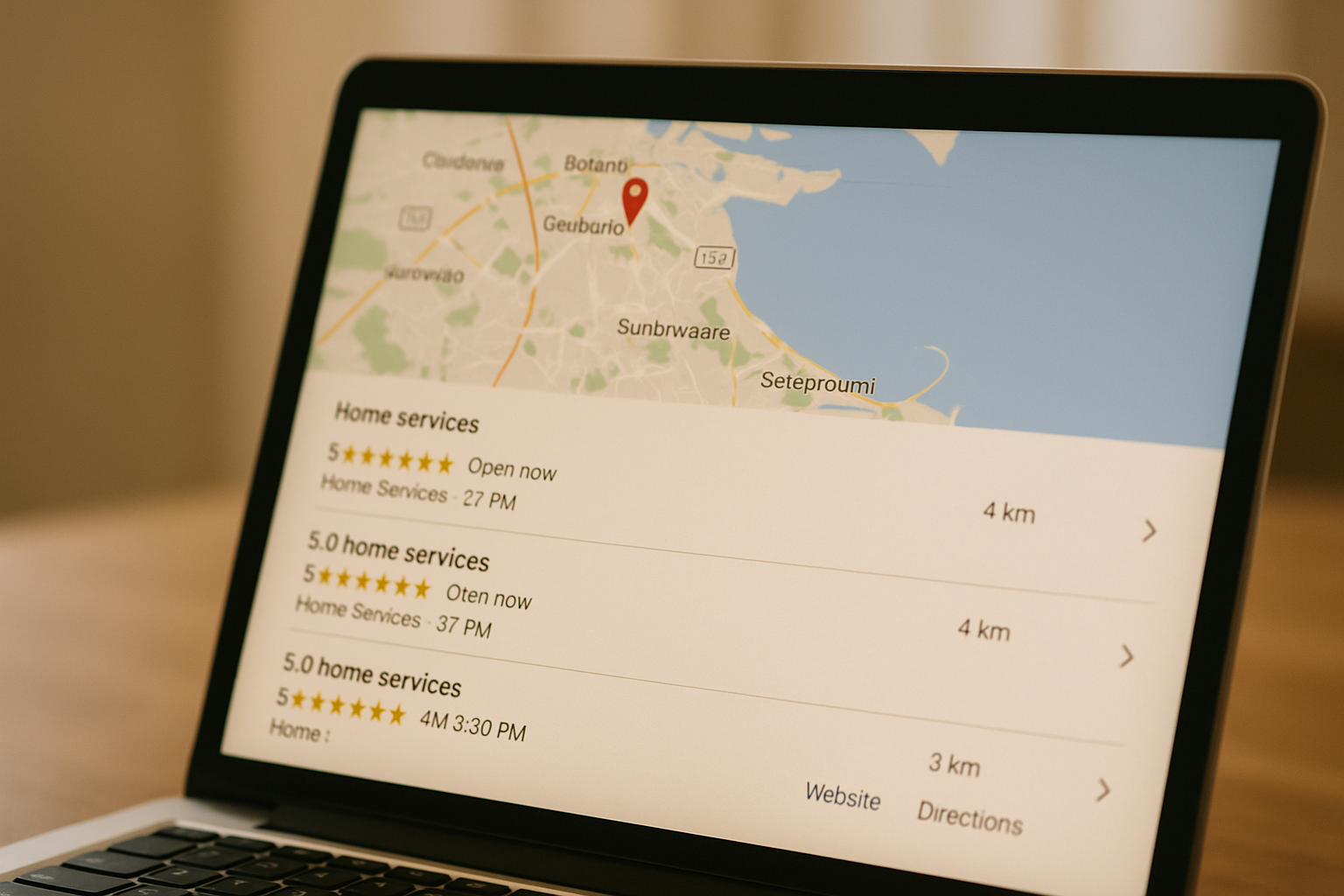A laptop screen displays a map with a red location pin and a list of home service providers, their ratings, distances, and links for websites and directions.