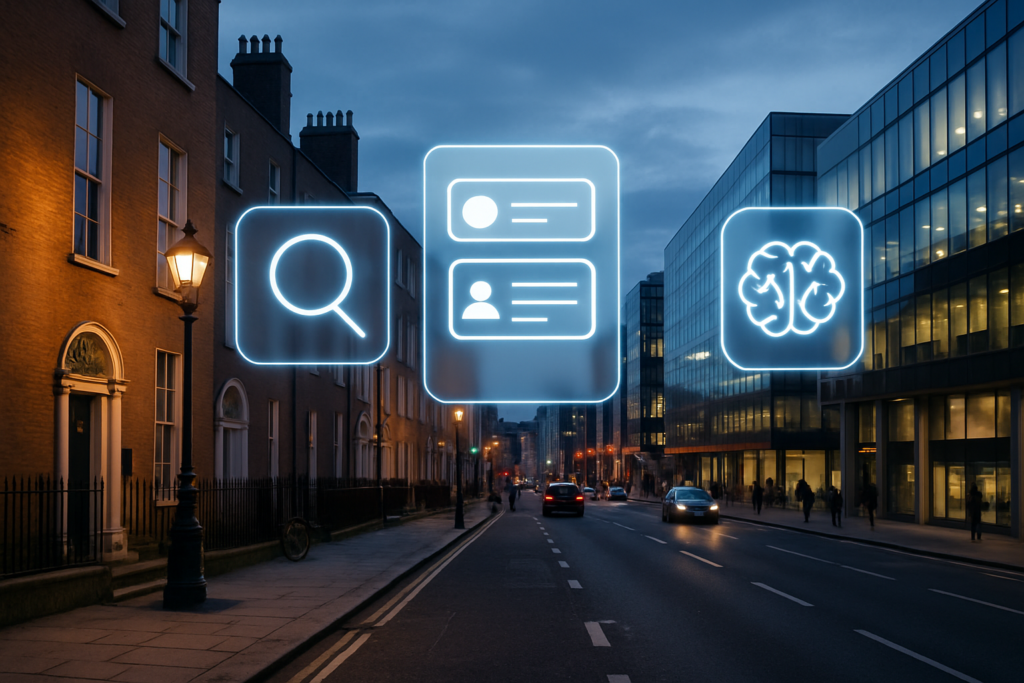 A city street at dusk with neon icons of a magnifying glass, user profiles, and a brain floating above the road, symbolizing technology and artificial intelligence integrated into an urban environment.