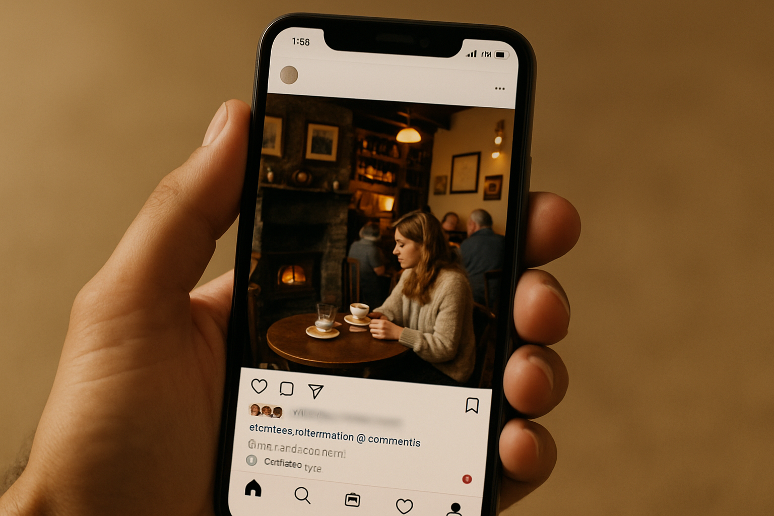 A hand holds a smartphone displaying an Instagram photo of a woman sitting alone at a café table, drinking coffee, with a warm, cozy interior and other people in the background.