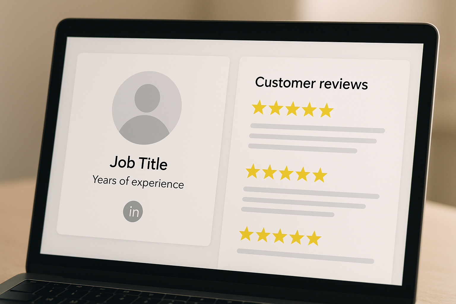 A laptop displaying a well structured author bio block with a headshot, role, years of experience and a LinkedIn link beside a Google review panel