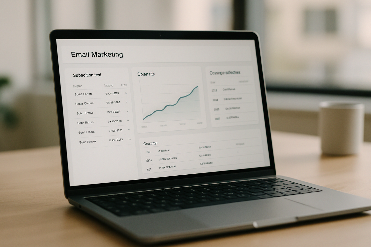 A laptop on a wooden desk displays an email marketing dashboard with charts, open rates, and clicked links data. The screen shows graphs and a list of email campaign performance metrics.