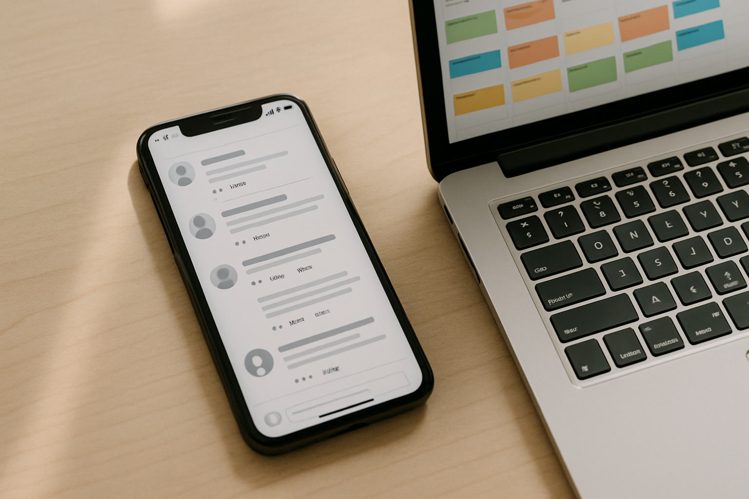 Smartphone showing a community-led Instagram comment thread next to a content calendar on a laptop