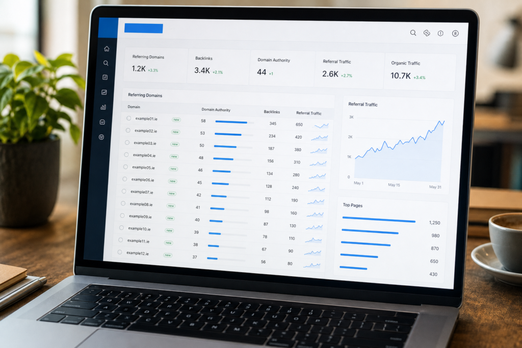 Laptop screen displaying a digital analytics dashboard with metrics like backlinks, referral and organic traffic, graphs, tables of referring domains, top pages list, and data visualizations.
