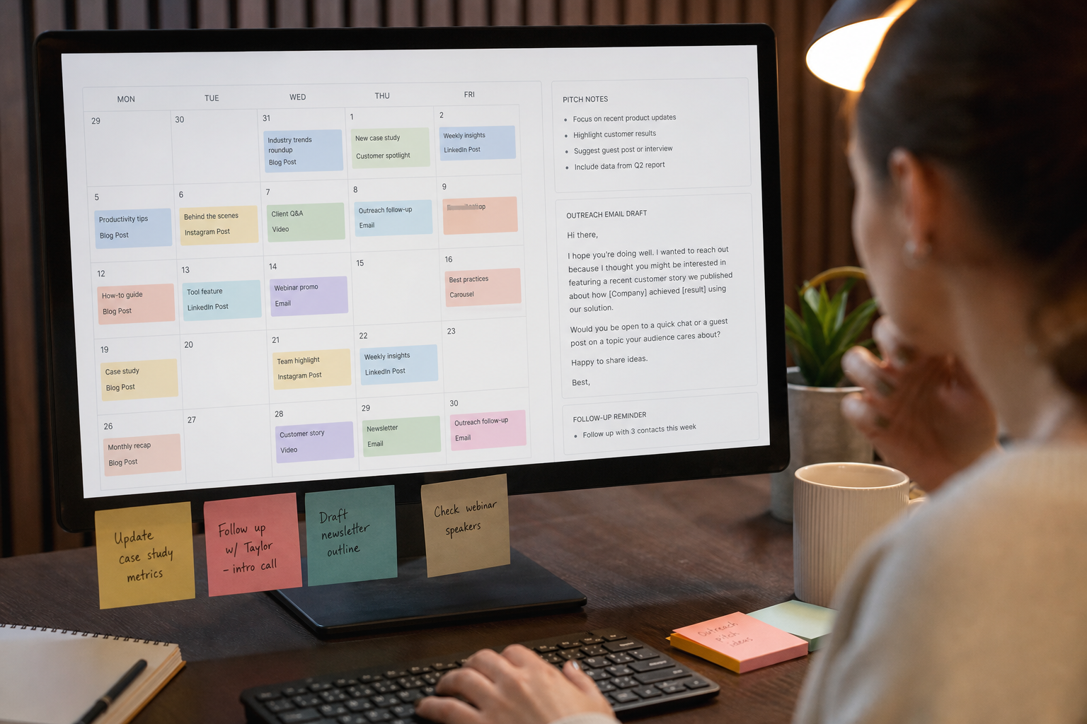 A content calendar and outreach email draft on a screen planning guest posts and press pitches for an Irish business