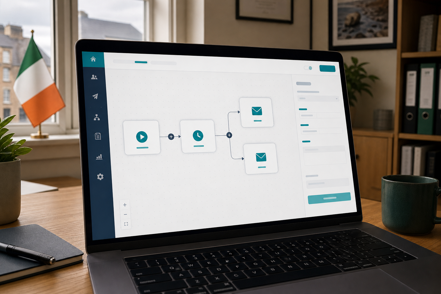 Laptop screen showing a simple three-step email automation workflow builder with trigger and delay nodes
