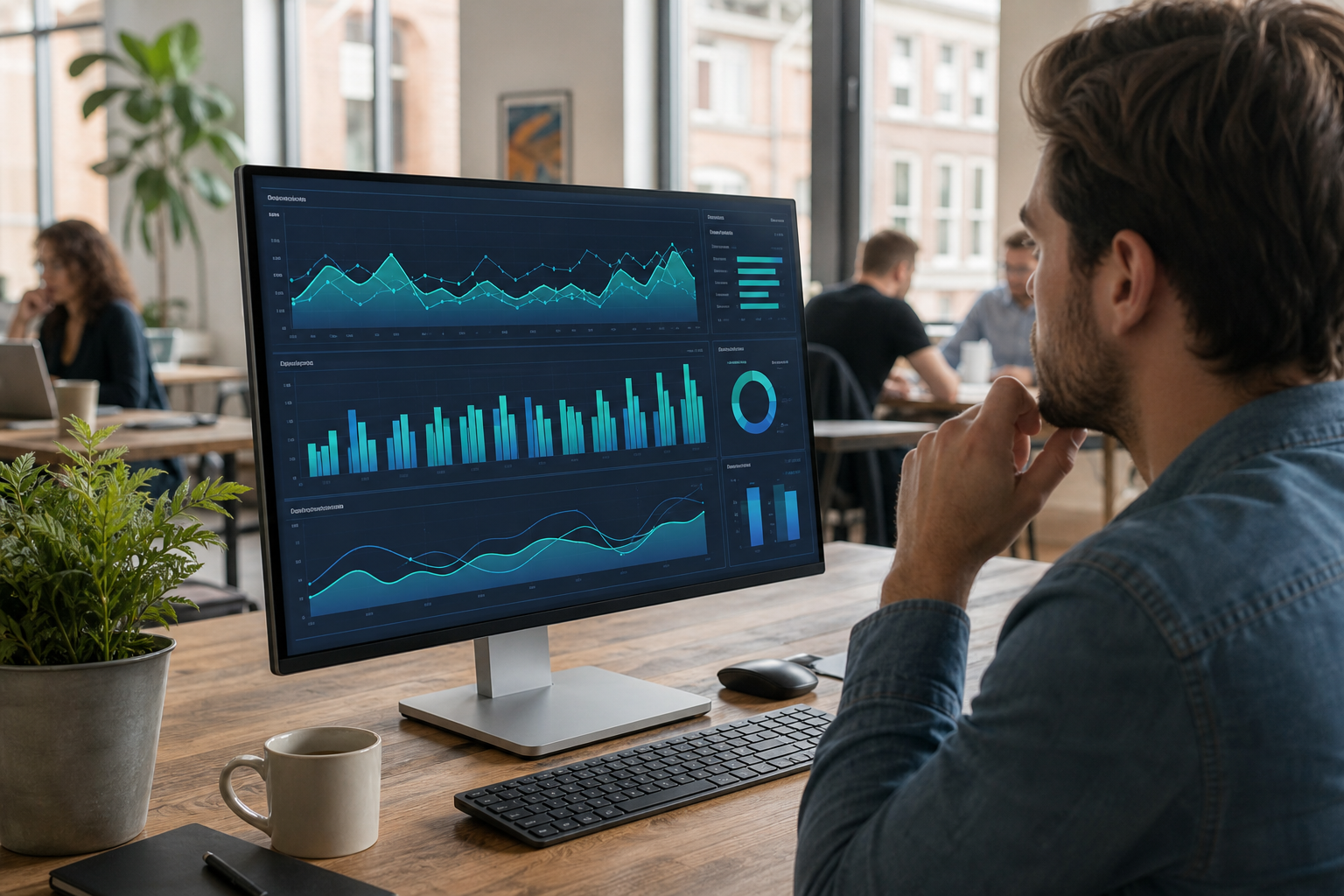 Marketing analytics dashboard on a monitor showing email open rate, click rate and conversion trend lines