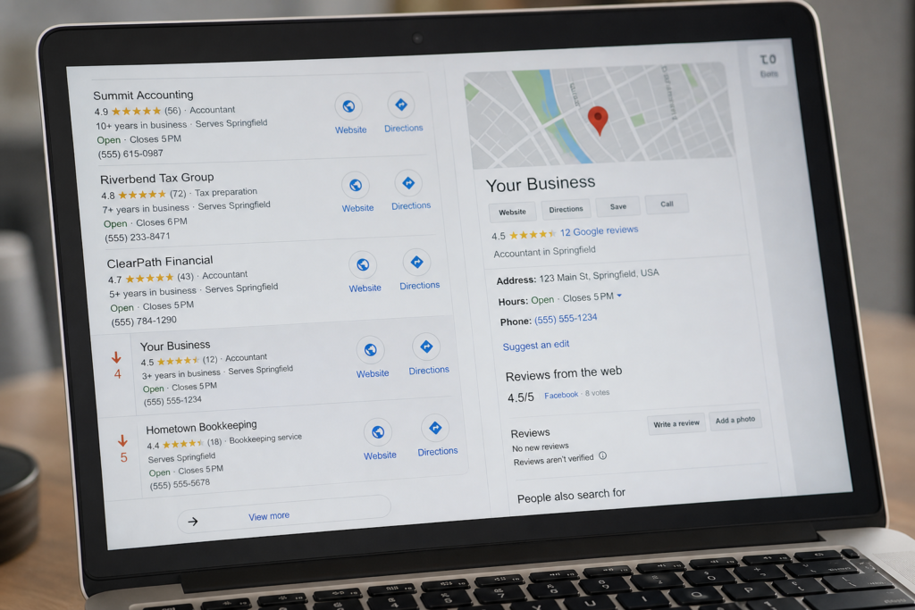A laptop screen displays a Google search results page showing local accounting firms with ratings, addresses, phone numbers, and website links next to a map and business profile.