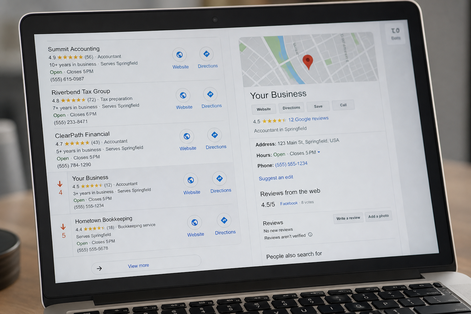 A laptop screen displays a Google search results page showing local accounting firms with ratings, addresses, phone numbers, and website links next to a map and business profile.