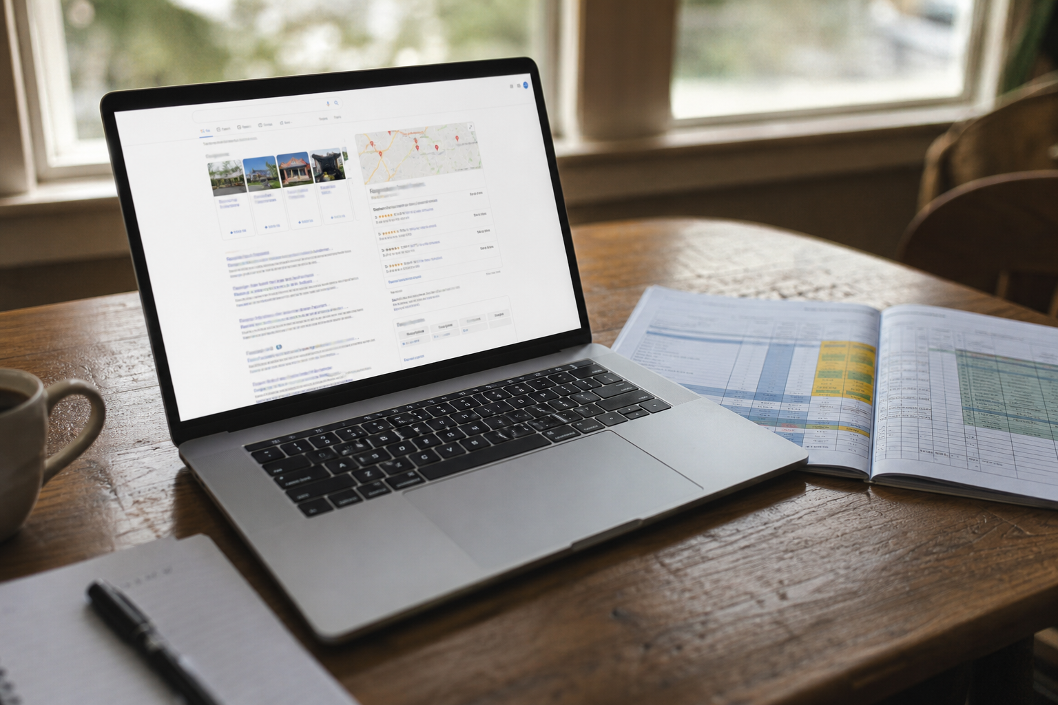 A laptop on a wooden table displays a search engine results page. Next to it are an open book with charts, a notebook, and a cup. Sunlight streams through windows in the background.