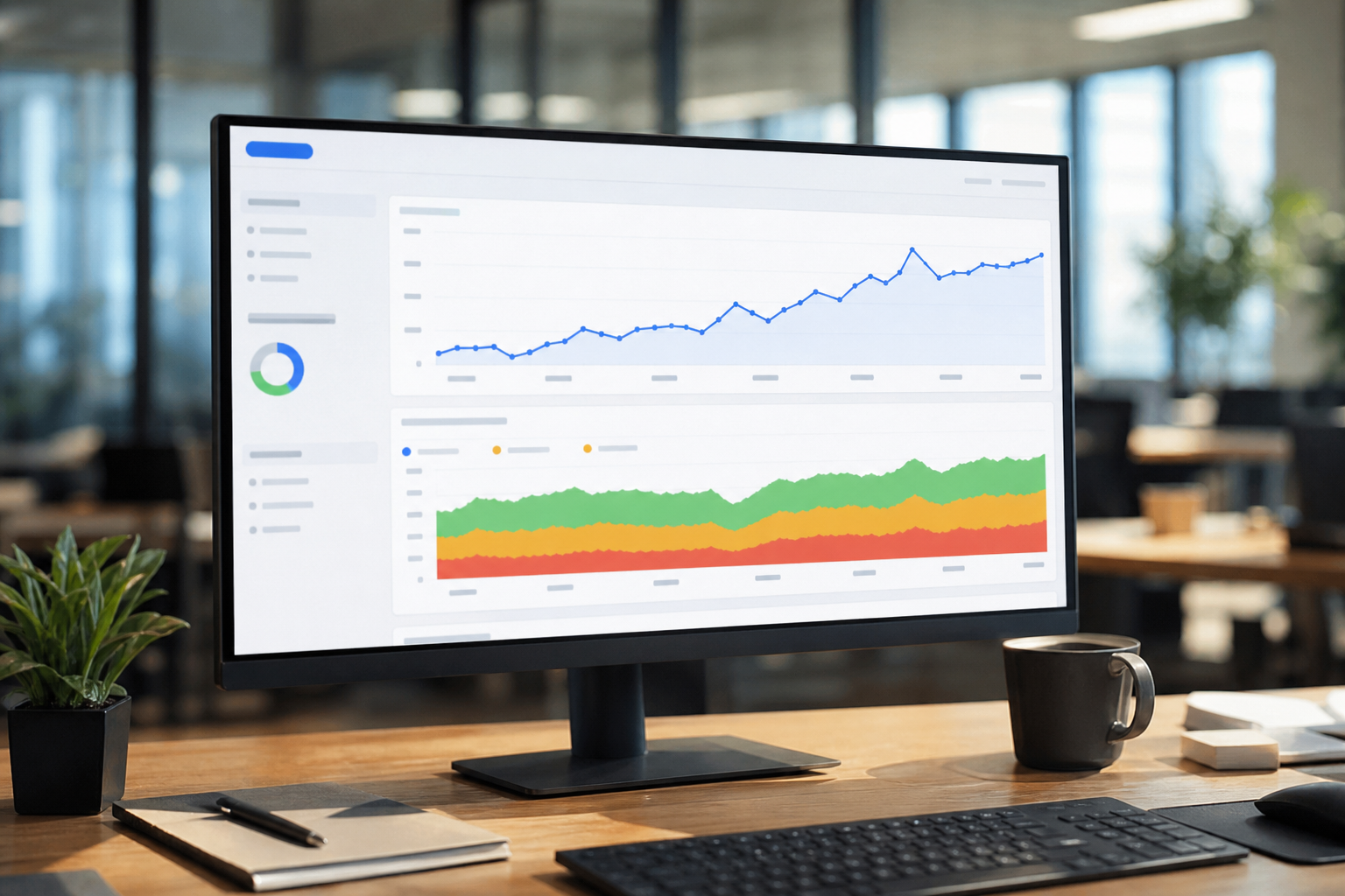 Analytics dashboard on a monitor showing rising organic traffic and keyword ranking improvements over several months