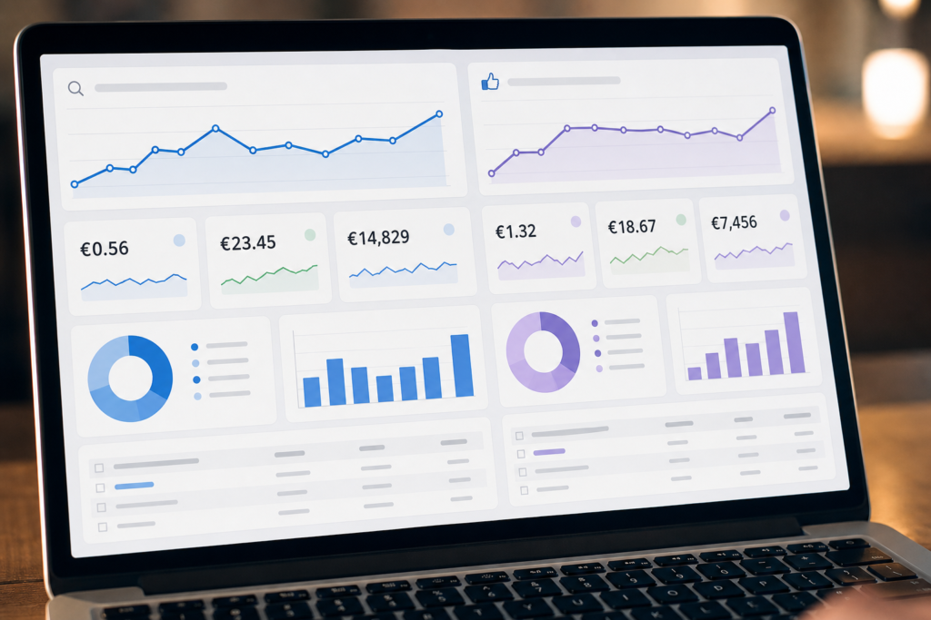 A laptop screen displays various charts, graphs, and financial metrics, including line graphs, bar charts, pie charts, and currency values in euros, indicating data analysis or financial performance.